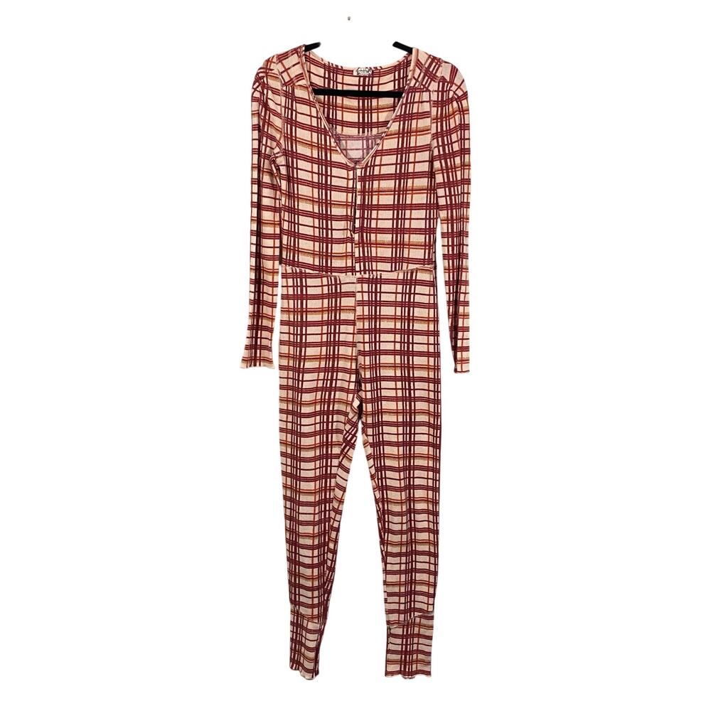 Intimately Free People Red Plaid Long John Pajamas Size XS #OB1263485